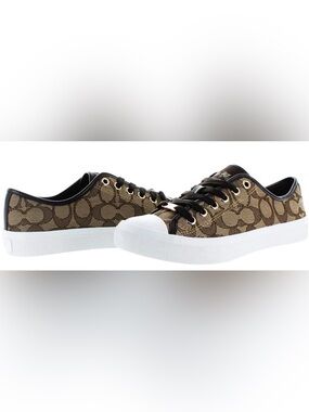•COACH•TAN & BROWN EMPIRE SIGNATURE C CANVAS LOW TOP SNEAKERS SIZE 7.5 VGUC